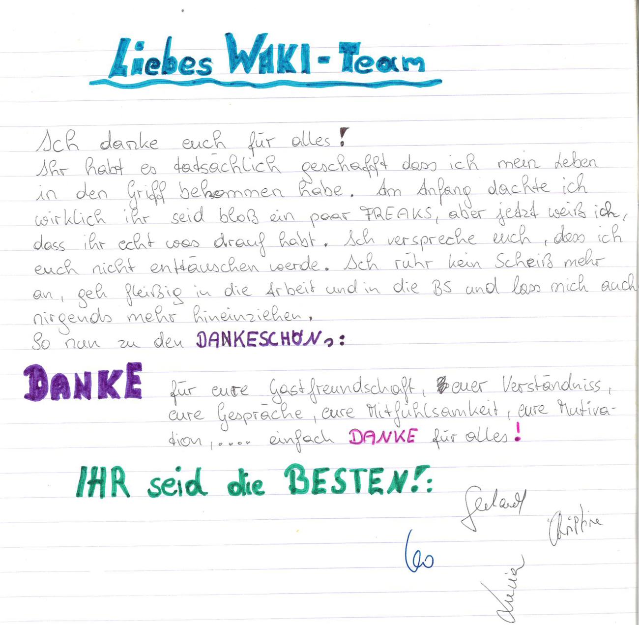 DANKE ist häufig zu lesen im Gästebuch der Krisenstelle Wáki in Linz. Viele Jugendliche beschreiben, welche Krise sie gemeistert haben.