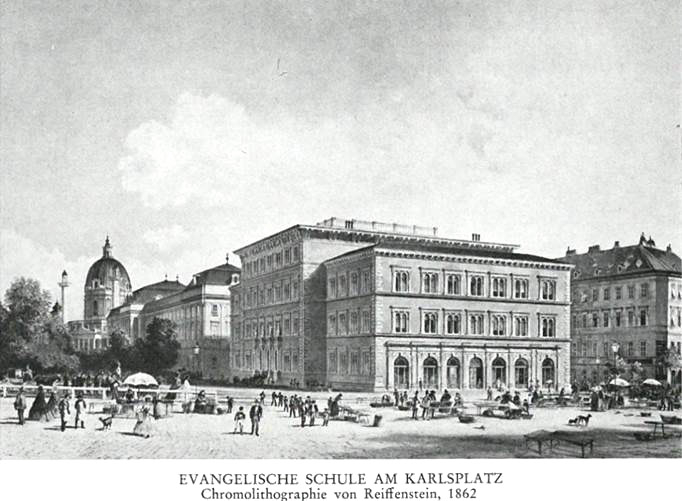 Evangelische Schule am Karlsplatz, Chromolithographie von Reiffenstein, 1862
