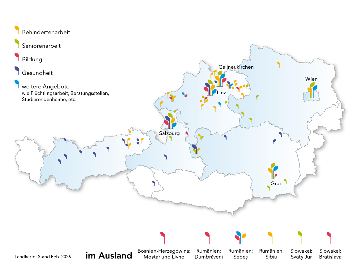 Österreich-Karte mit Standorten des Diakoniewerks - geordnet nach Bereichen