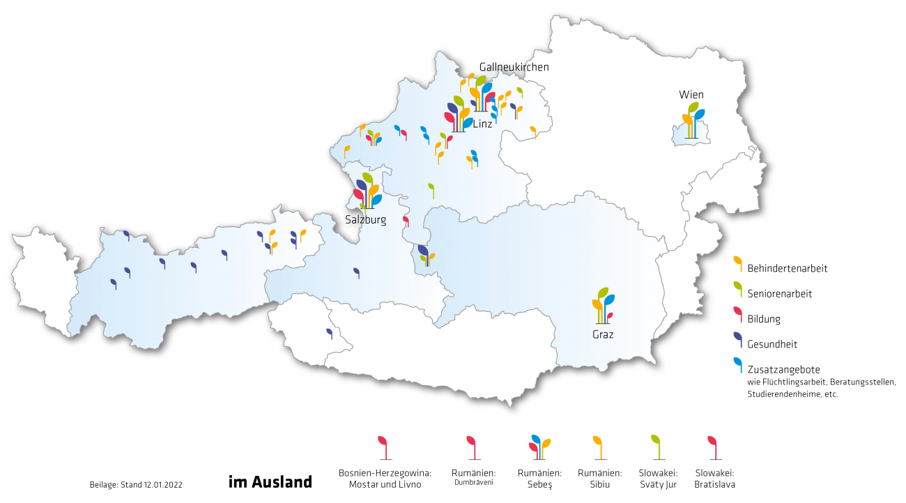 Standorte und Arbeitsbereiche des Diakoniewerks im In- und Ausland