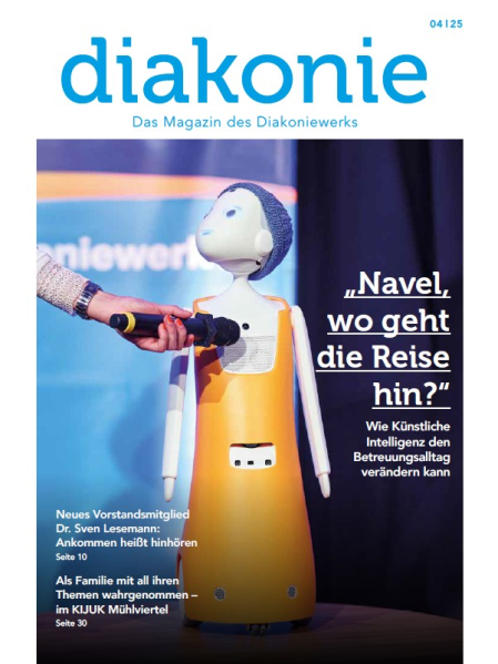 Das Cover des diakonie Magazins zeigt den Roboter "Navel"