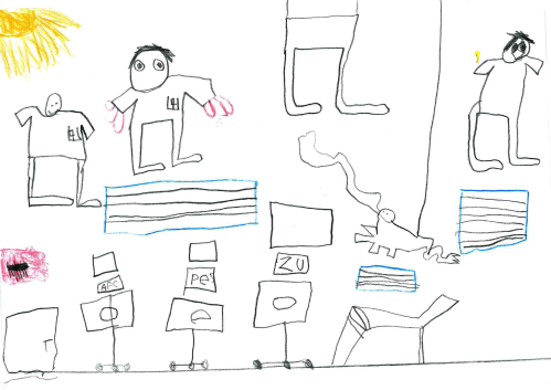 Florian hat ein Bild gemalt, das seine orthopädischen Untersuchungen im Krankenhaus zeigt. Diesen Ort kennt er bereits bis ins kleinste Detail – die Bilder an der Wand, die Jalousien vor den Fenstern und die Kugelschreiber in den Westentaschen der Ärzt:innen.