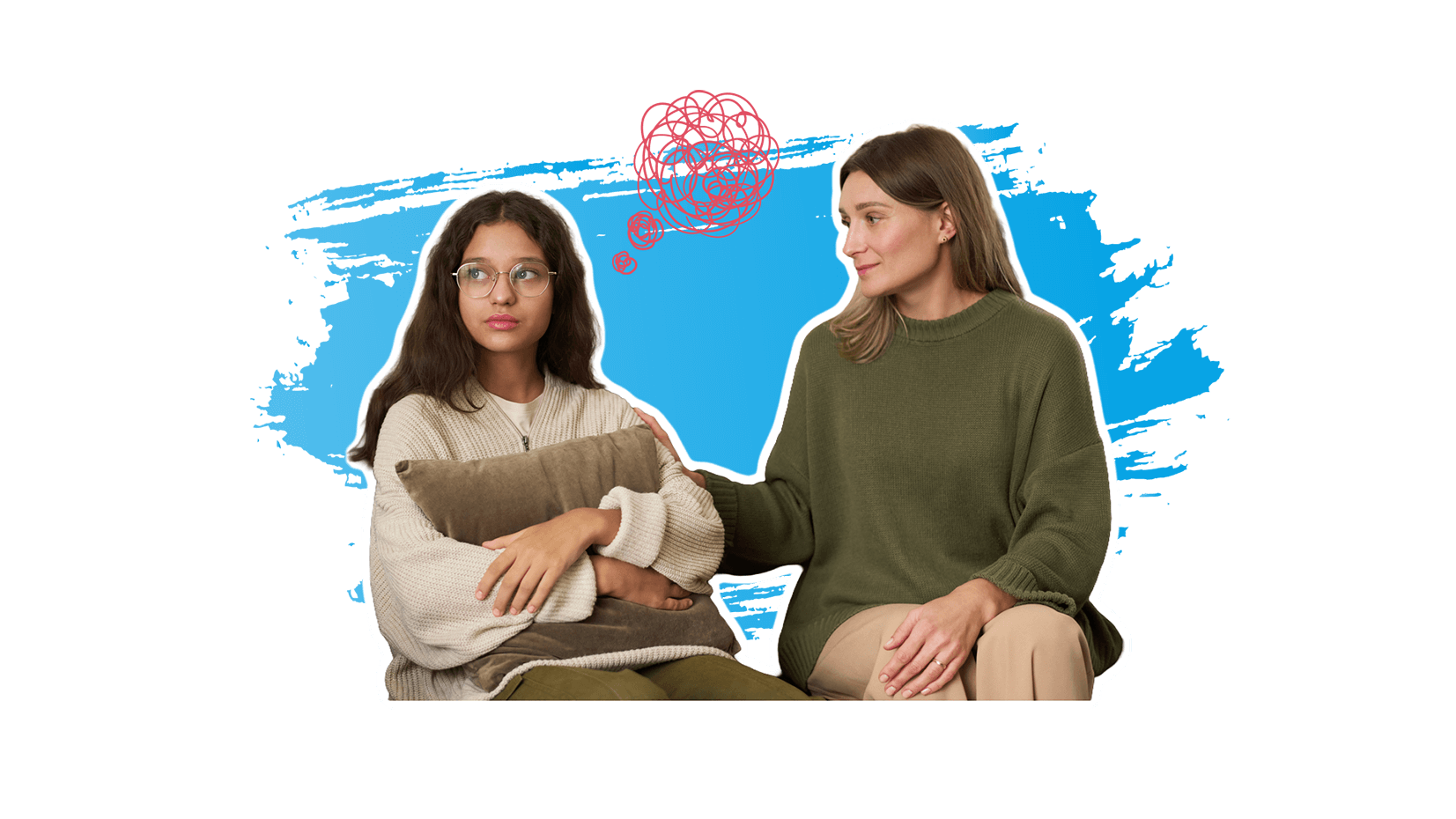 Ein nachdenkliches Mädchen, das zur Seite blickt, die Mutter legt ihre Hand auf ihre Schulter.