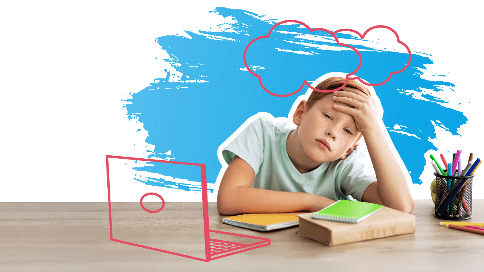 Ein Junge sitzt hinter der Hausübung und schaut fragend in die Kamera