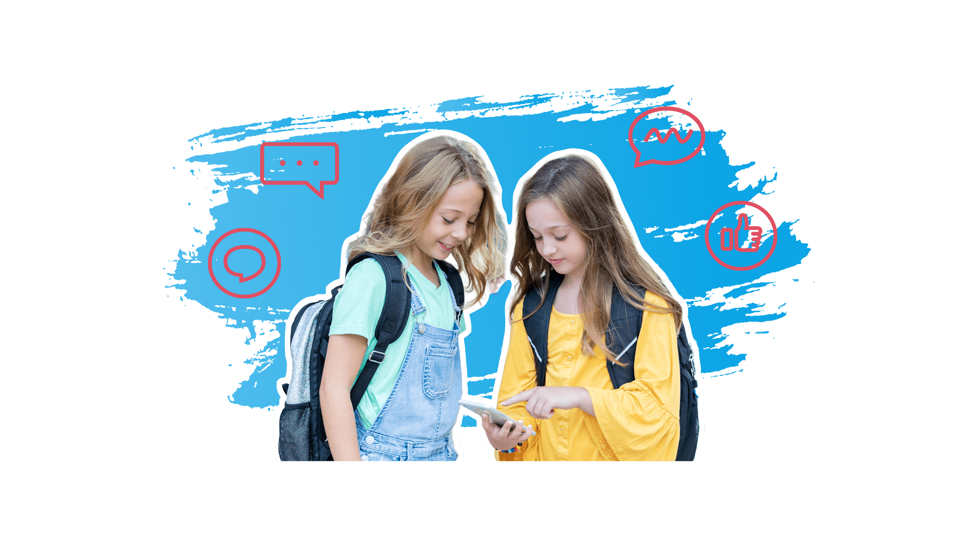 Zwei Mädchen schauen gemeinsam auf ein Handy, eines tippt gerade eine Nachricht ein.