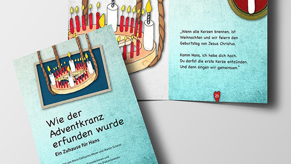 Das Taschenbuch "Wie der Adventkranz erfunden wurde. Ein Zuhause für Hans" wird von der Vorderseite und auf einer Innenseite gezeigt.
