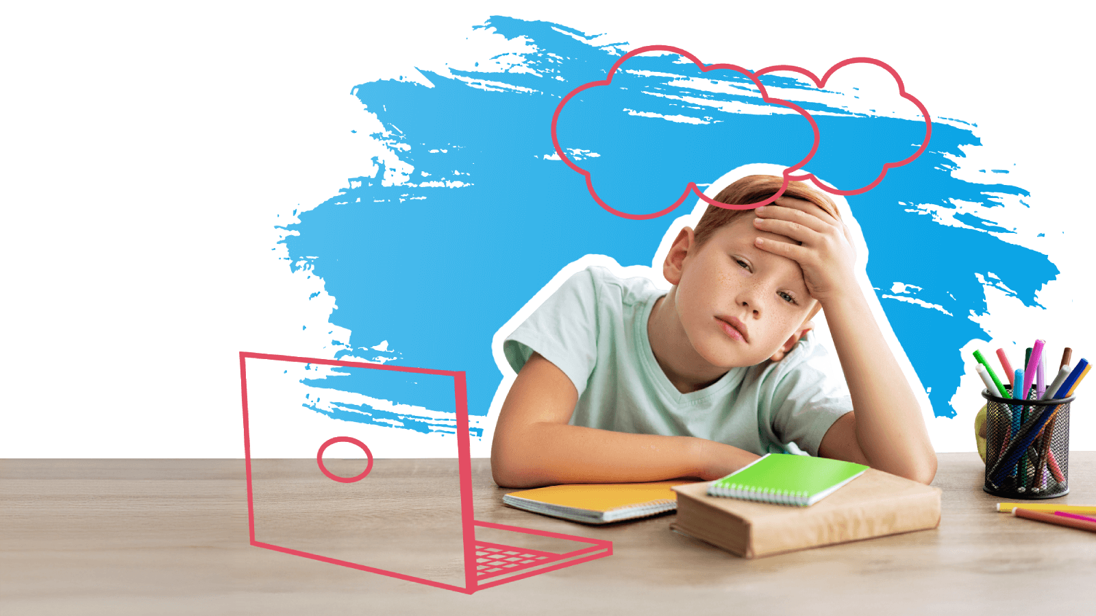 Ein Junge sitzt hinter der Hausübung und schaut fragend in die Kamera