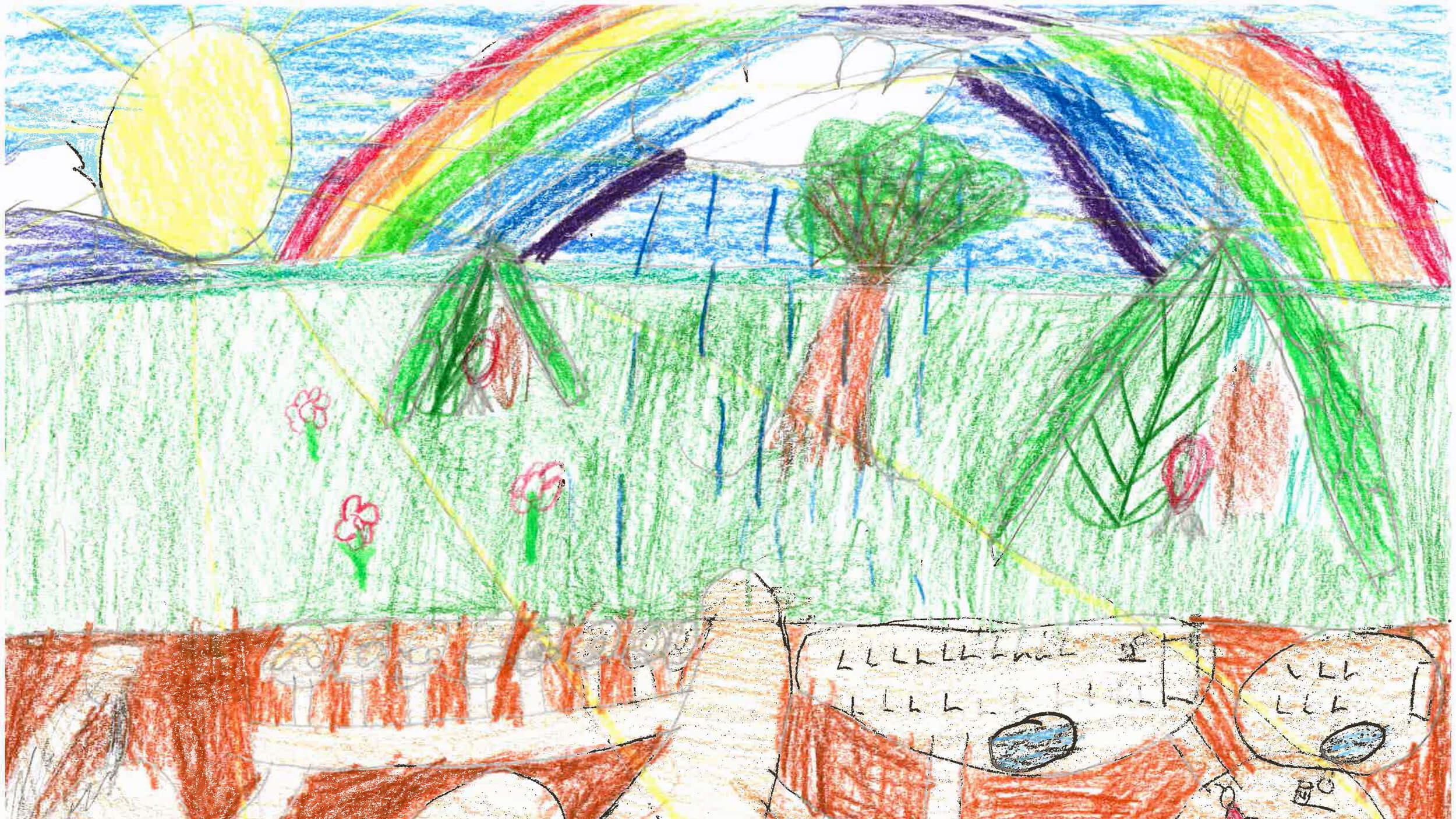 Eine Kinderzeiochnung: Eine Landschaft mit vielen Pflanzen, Blumen und einem Baum. Darunter Erdreich mit Insekten, einem Wurm und weiteren Tieren. Darüber ein tiefblauer Himmel mit einer strahlenden Sonne und einem Regenbogen.