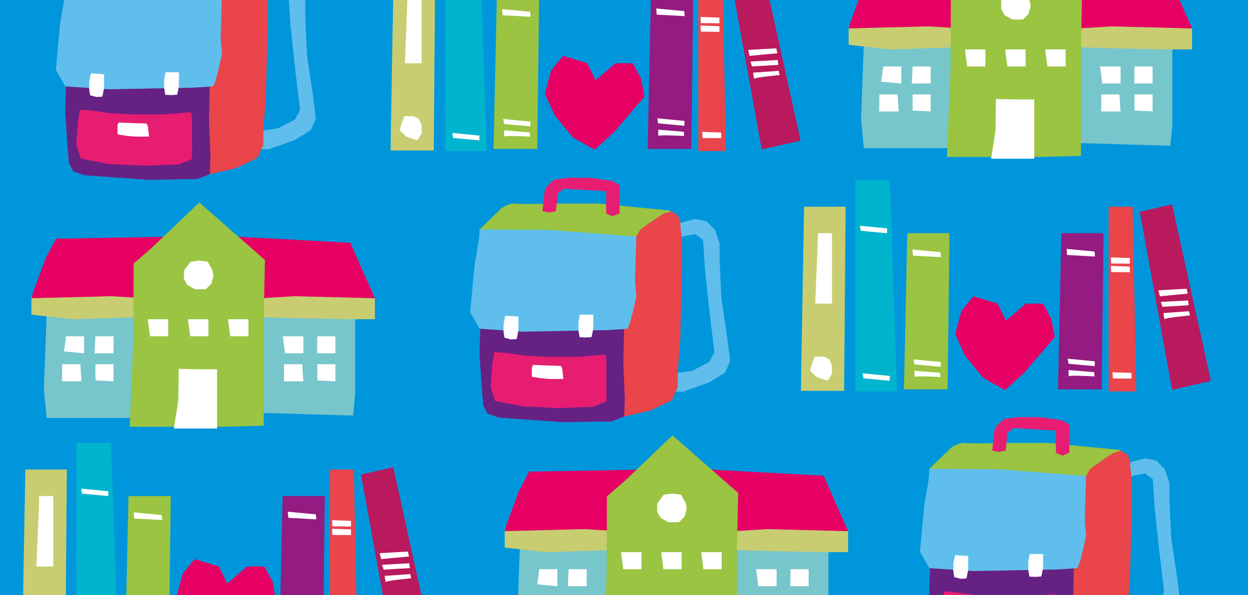 Grafik mit bunten Icons einer Schultasche, von Büchern und eines Schulgebäudes