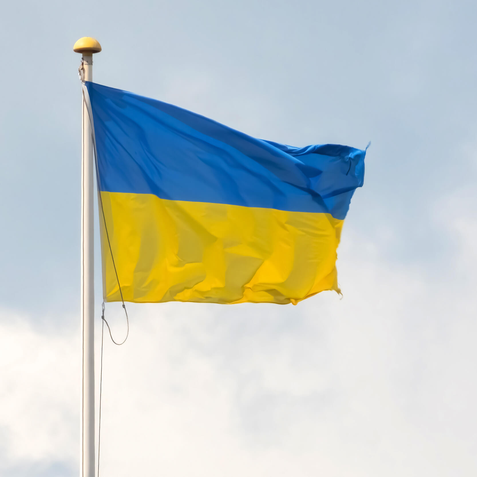 Eine Ukraine-Fahne vor graublauem Himmel.