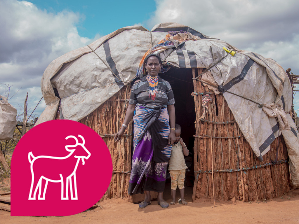 Frau mit Kind vor Hütte. Grafik: Ziege