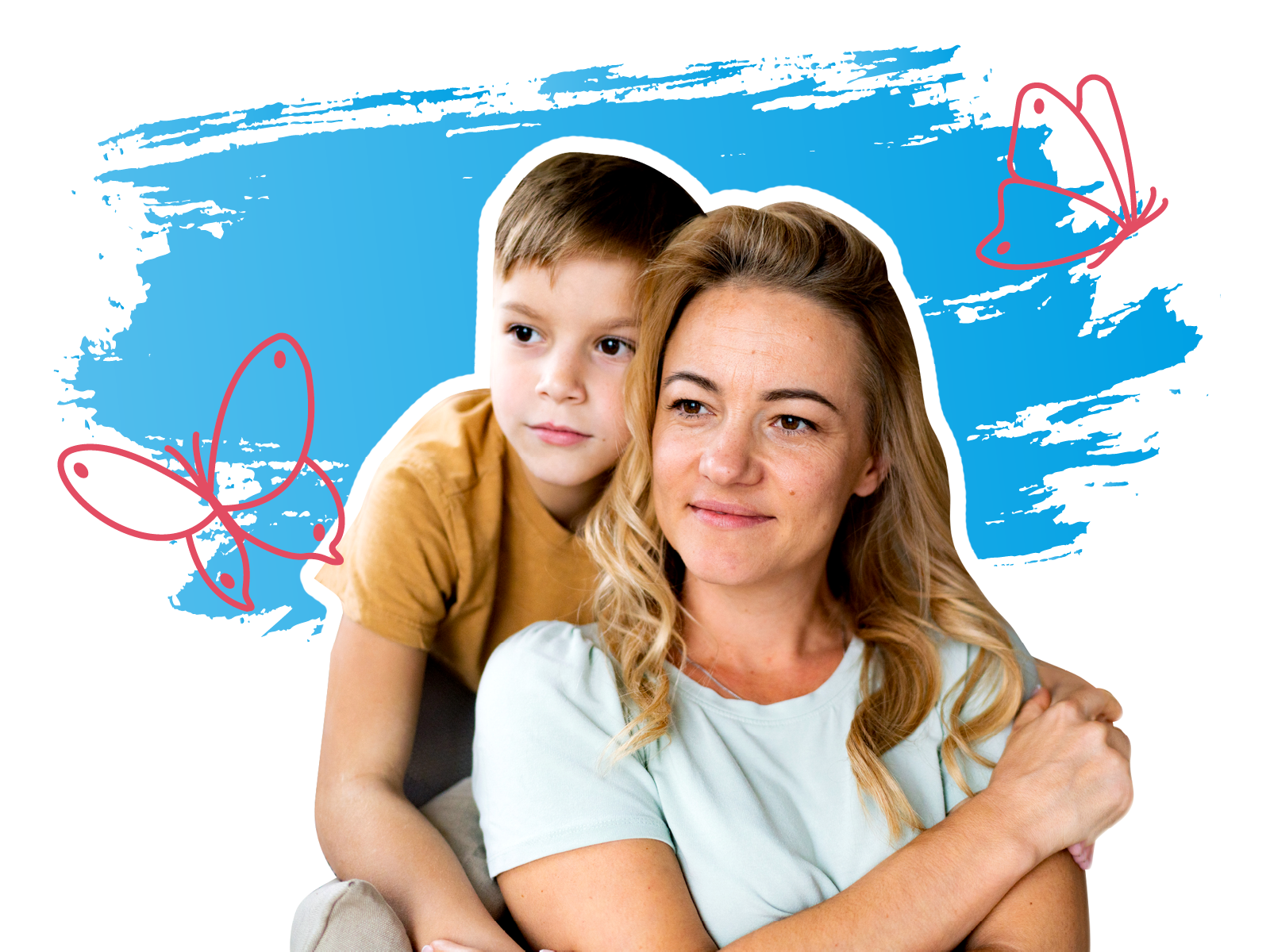 Eine Mutter und ihr Sohn schauen in die Ferne