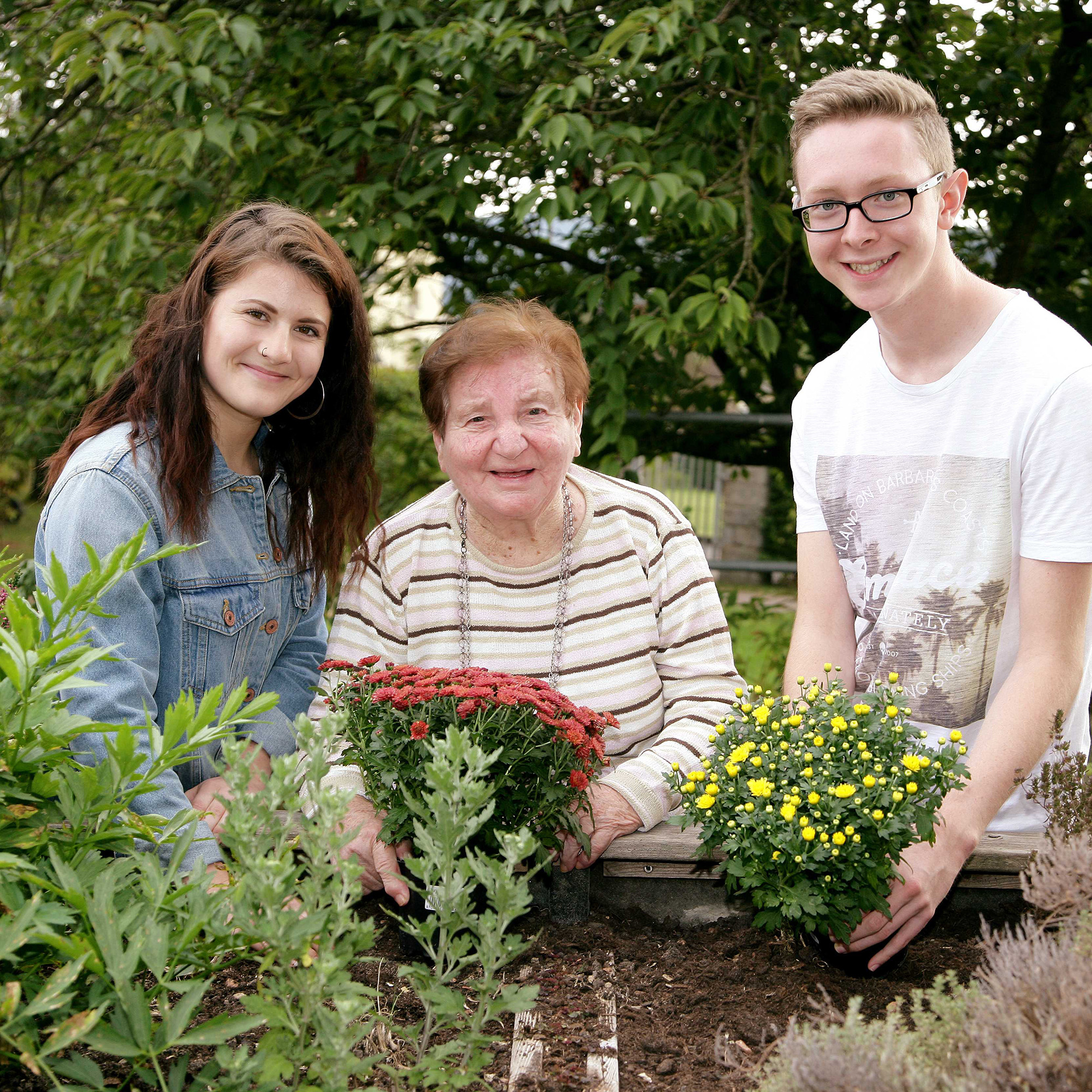 Zwei junge Menschen und eine Frau im Alter setzen gemeinsam Blumen in ein Hochbeet.