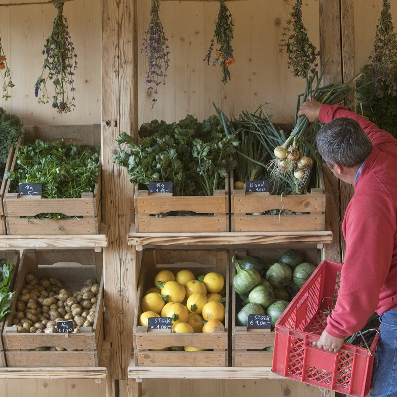 Ein Mann steht vor einem Regal voller Bio-Gemüse.    Titel: Der Hofladen