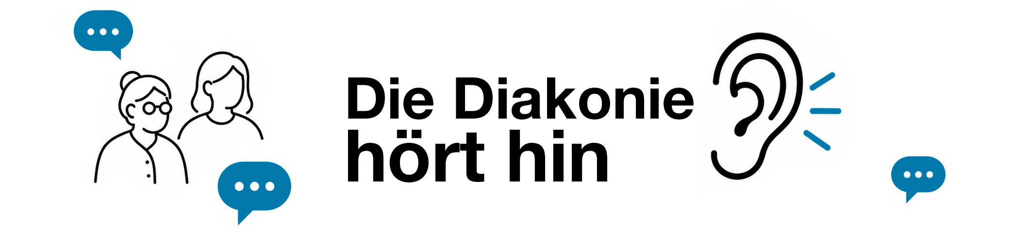 Grafik mit zwei Personen und Sprechblasen daneben. Daneben der Text „Die Diakonie hört hin“. Ein Ohr dient als Symbol für das Zuhören.