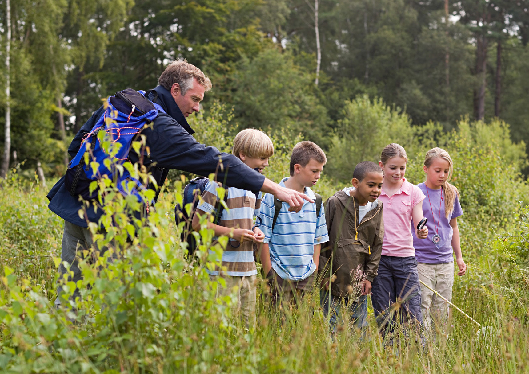 Lehrer mit Schülergruppe auf einer Waldlichtung