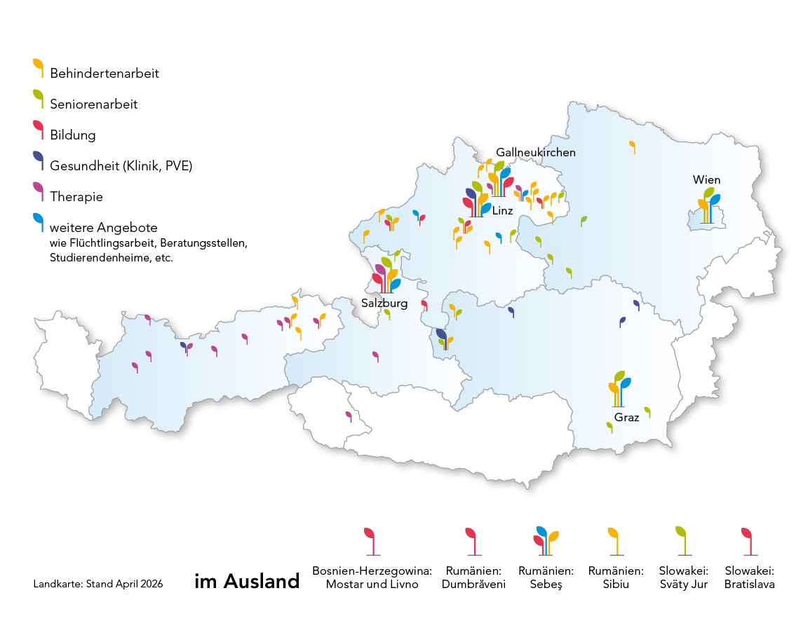 Österreich-Karte mit Standorten des Diakoniewerks - geordnet nach Bereichen