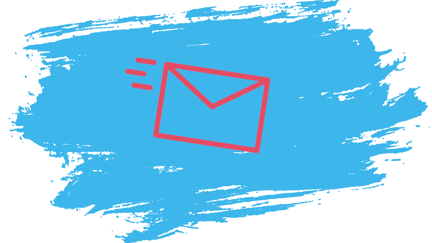 Roter "Brief" Icon mit blauen Pinselstrichen im Hintergrund