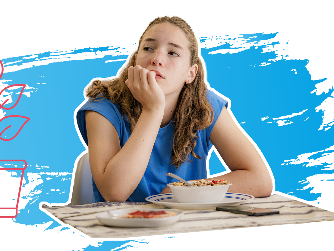 Mädchen sitzt am Tisch und sieht in die Luft. Daneben ist eine Pflanze dargestellt.