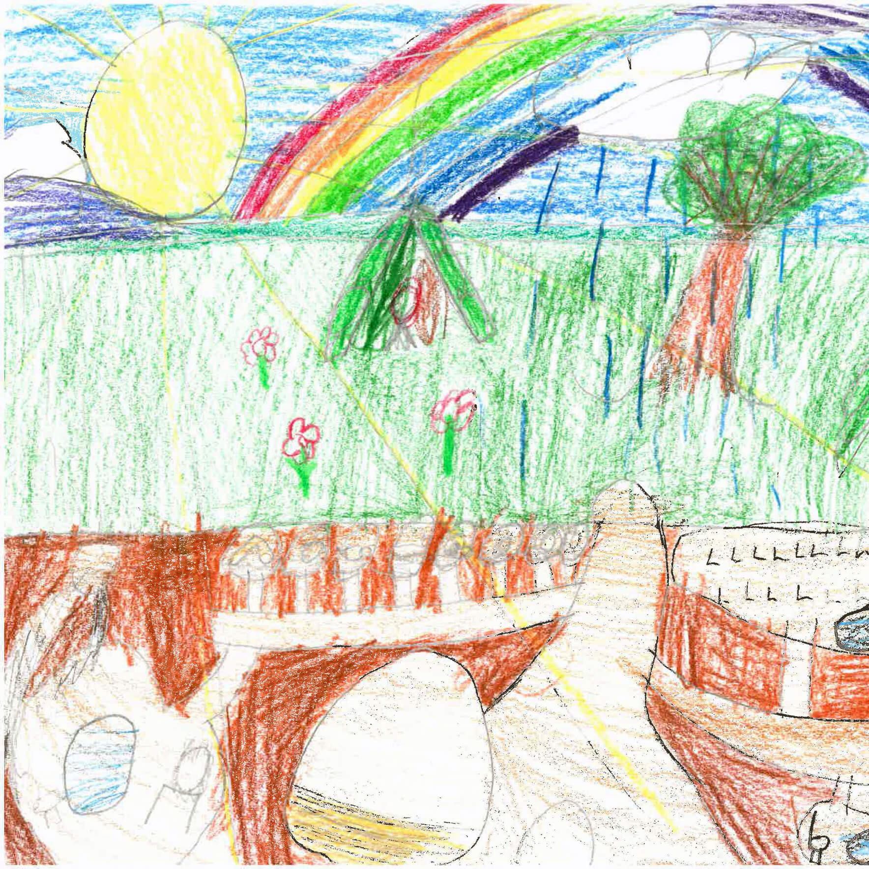 Eine Kinderzeiochnung: Eine Landschaft mit vielen Pflanzen, Blumen und einem Baum. Darunter Erdreich mit Insekten, einem Wurm und weiteren Tieren. Darüber ein tiefblauer Himmel mit einer strahlenden Sonne und einem Regenbogen.