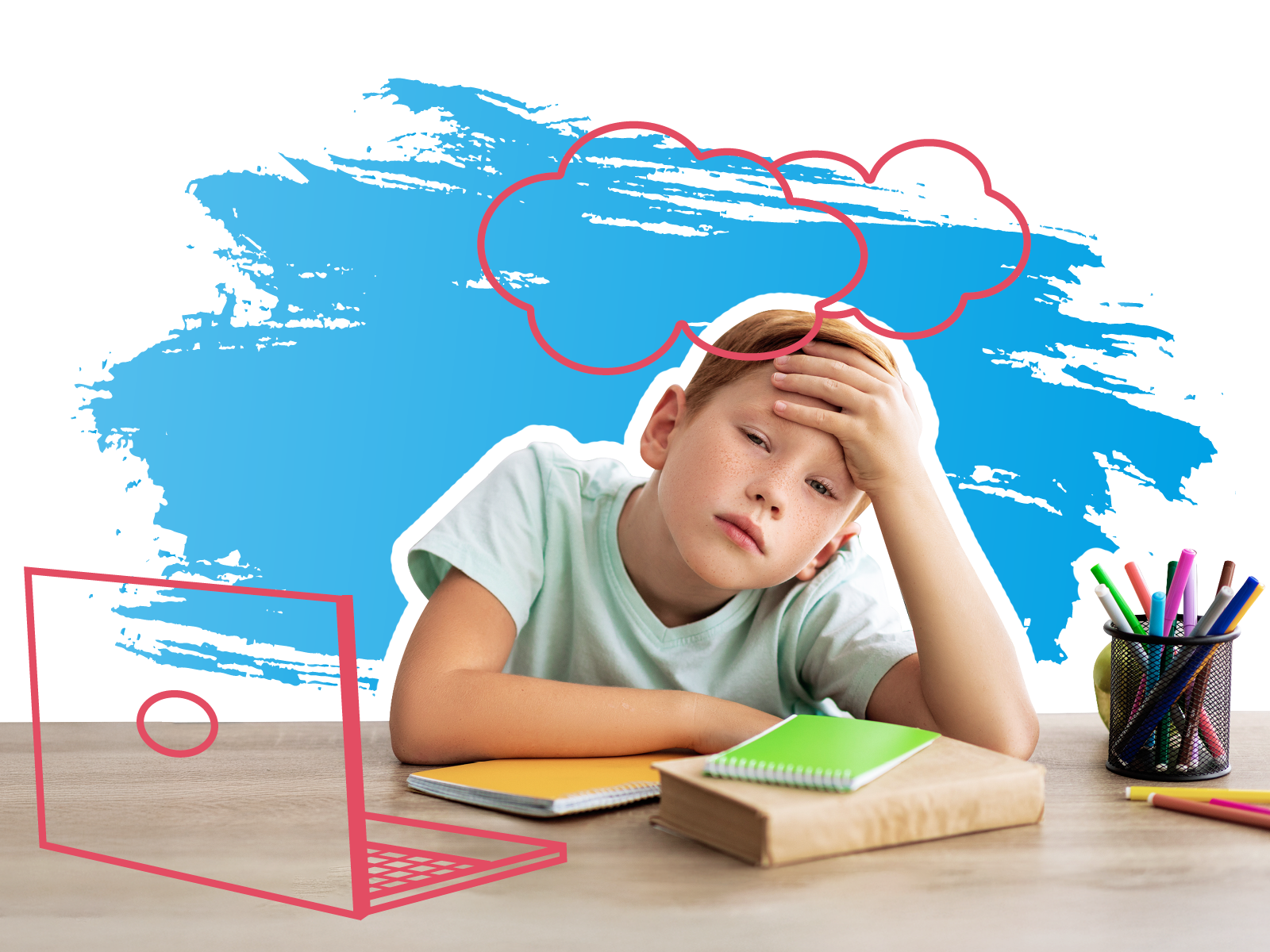 Ein Junge sitzt hinter der Hausübung und schaut fragend in die Kamera