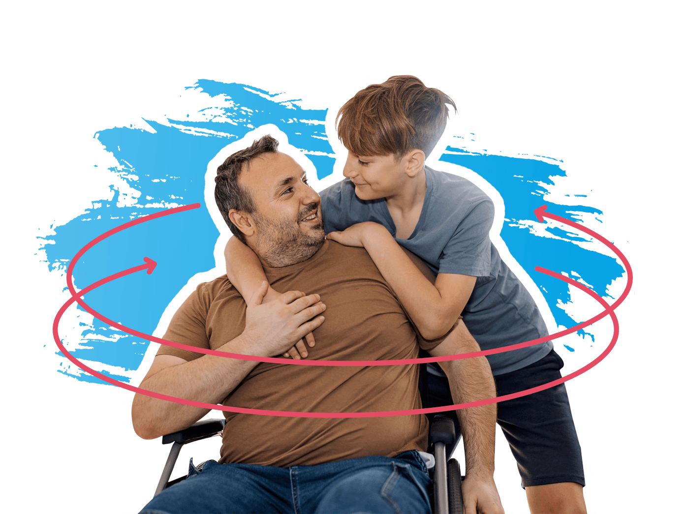 Ein Junge steht hinter seinem Vater, der im Rollstuhl sitzt, und legt den Arm um ihn. Beide sehen sich an und lächeln.