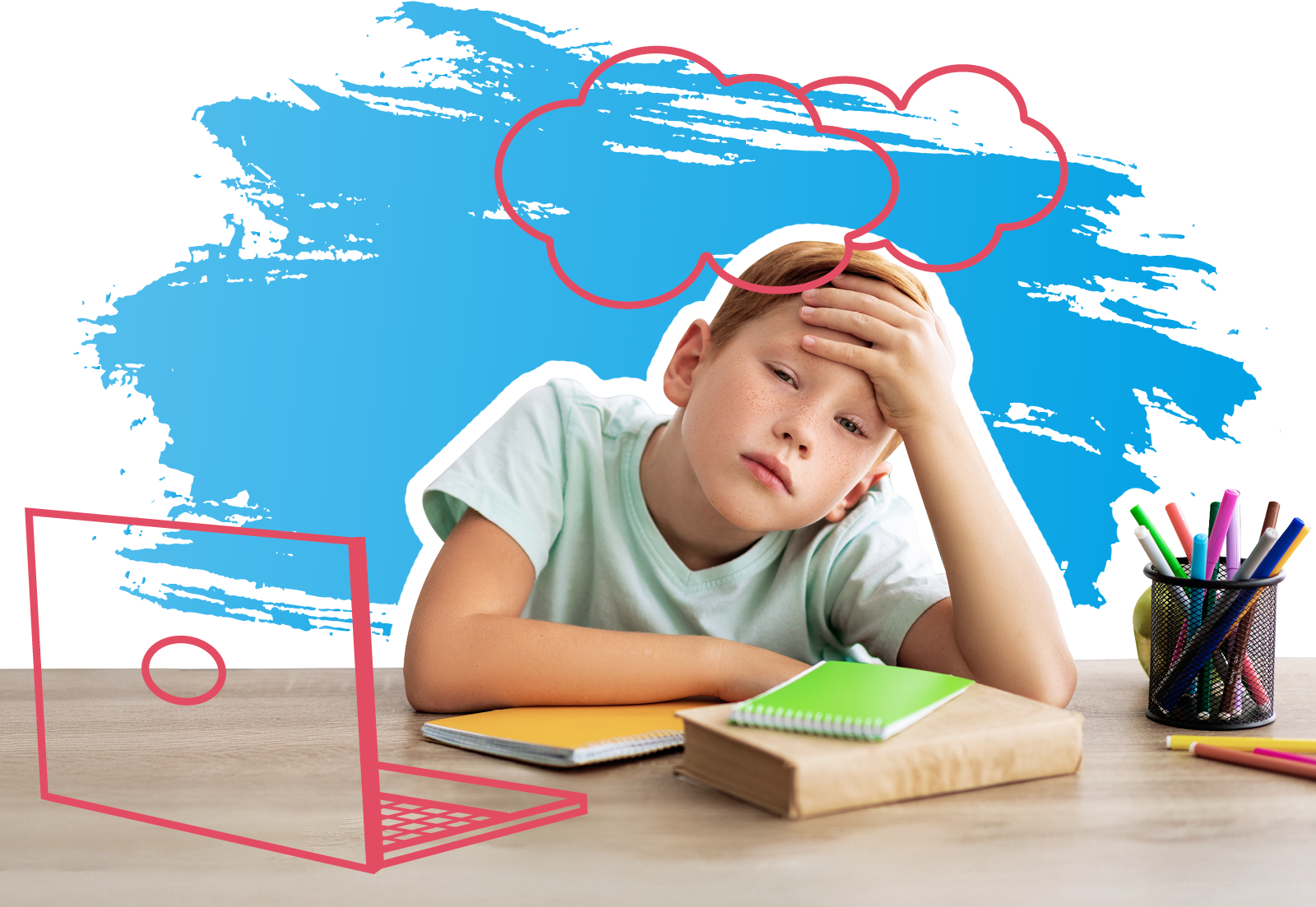 Ein Junge sitzt hinter der Hausübung und schaut fragend in die Kamera