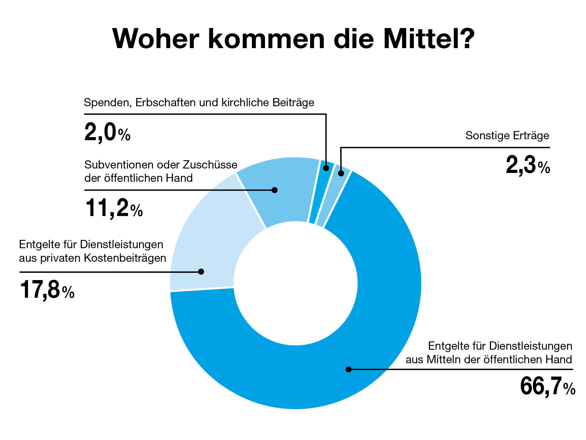 Woher kommen die Mittel: 66,7% Entgelte für Dienstleistungen aus Mitteln der öffentlichen Hand, 17,8% Entgelte für Dienstleistungen aus privaten Kostenbeiträgen, 11,2% Subventionen oder Zuschüsse der öffentlichen Hand, 2% Spenden, Erbschaften und kirchliche Beiträge, 2,3% Sonstige Erträge