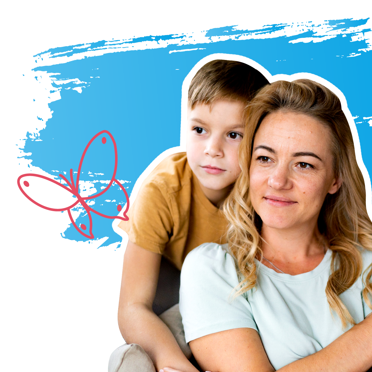 Eine Mutter und ihr Sohn schauen in die Ferne