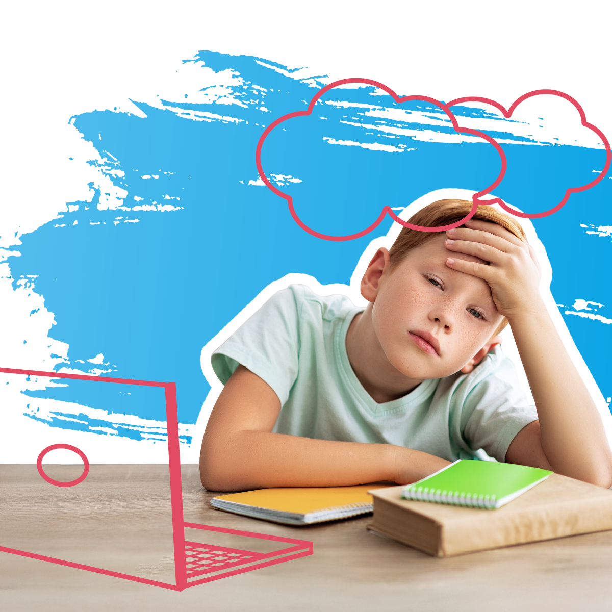 Ein Junge sitzt hinter der Hausübung und schaut fragend in die Kamera