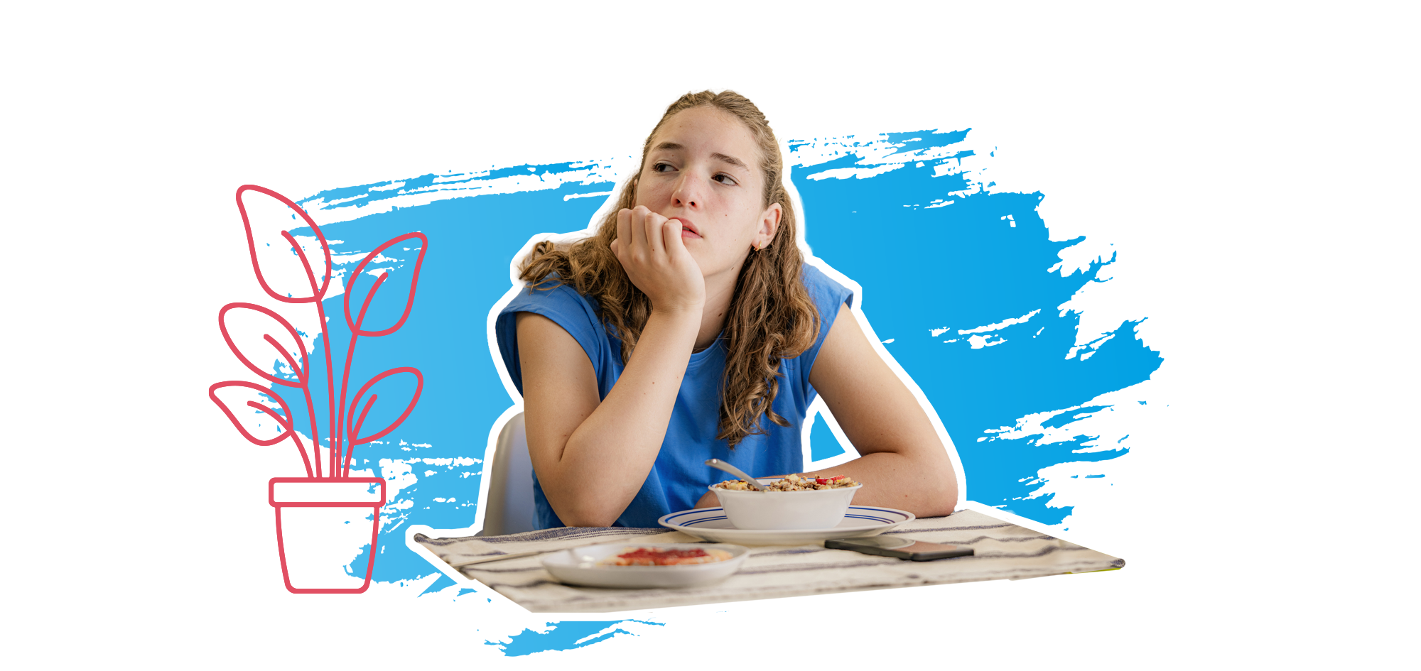 Mädchen sitzt am Tisch und sieht in die Luft. Daneben ist eine Pflanze dargestellt.