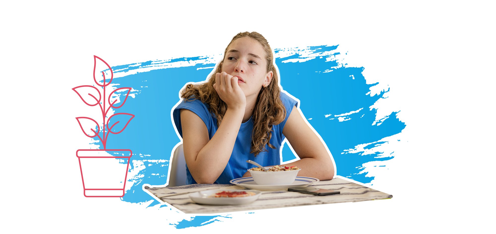 Mädchen sitzt am Tisch und sieht in die Luft. Daneben ist eine Pflanze dargestellt.