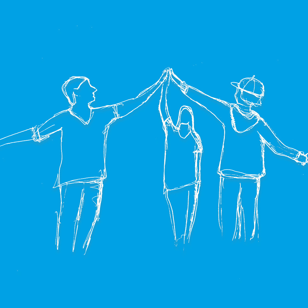 Gezeichnete Menschen stehen nebeneinander und reichen sich die Hände.