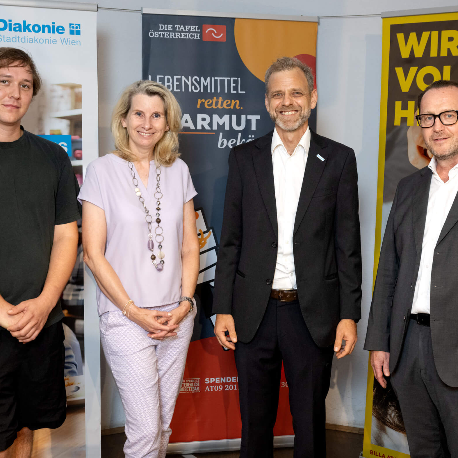 Tobias Riener (Leitung Häferl), Alexandra Gruber (Geschäftsführerin Die Tafel Österreich), Wilhelm Raber (Geschäftsführer Stadtdiakonie Wien) und Robert Nagele (Vorstand BILLA)