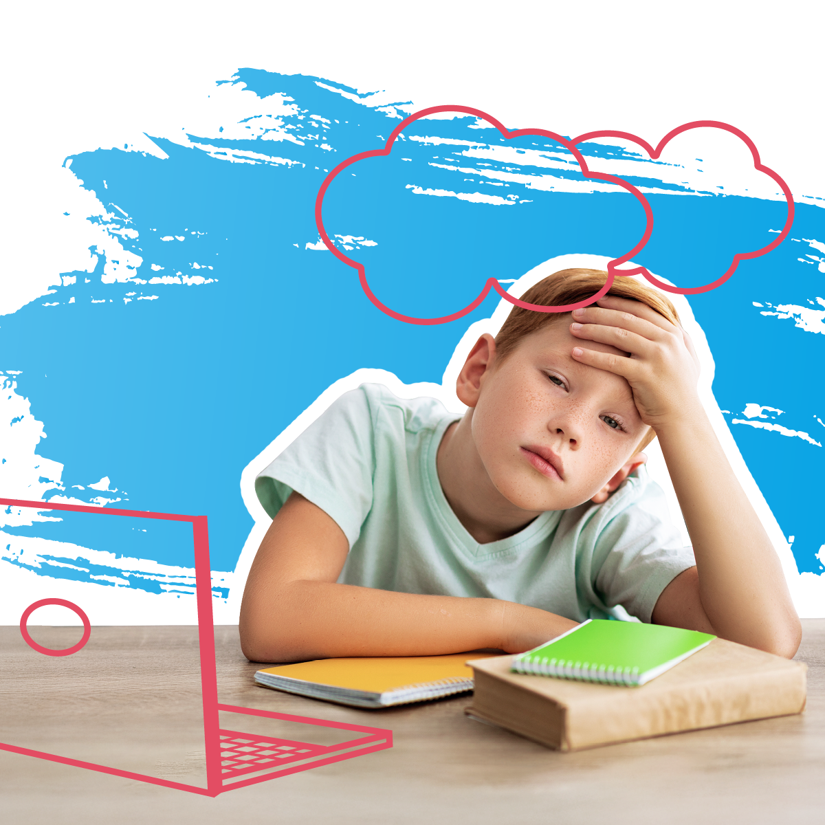 Ein Junge sitzt hinter der Hausübung und schaut fragend in die Kamera