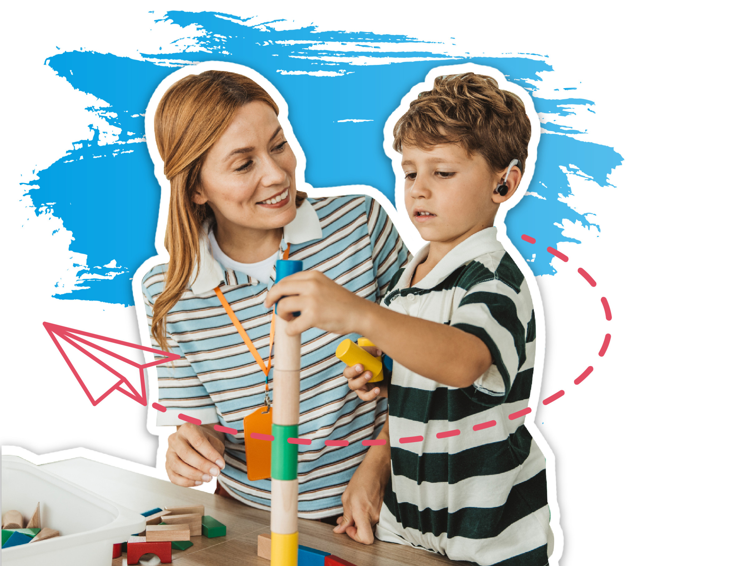 Ein Kind baut mit einer Erwachsenen Person einen Turm aus Spiel-Steinen.