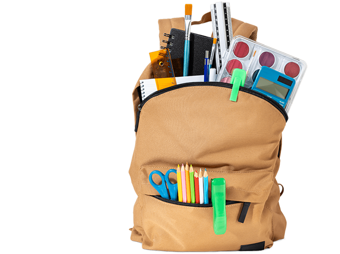 Schultasche gefüllt mit Schulheften, Stiften und Malsachen
